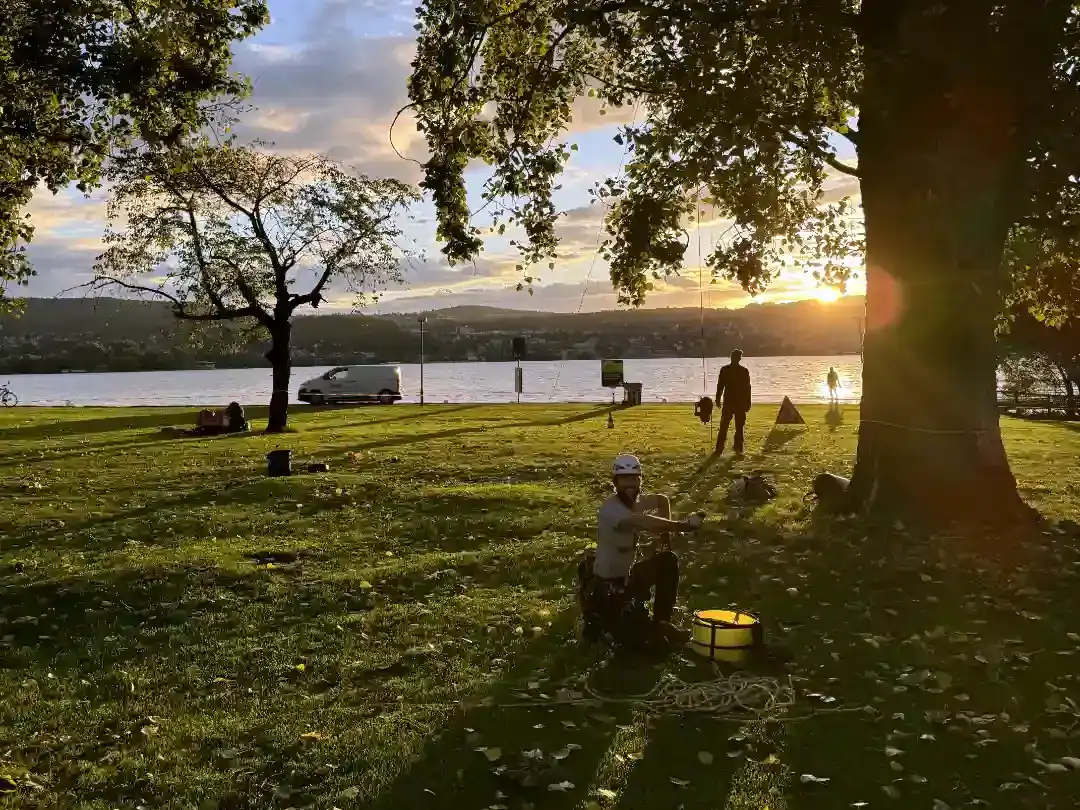 Weitwinkel Aufnahme Sonnenaufgang i Hintergrund. Florian Grischott sitzt auf einer Wiese am Zürichsee neben einem grossen Baum. Strahlender Sonnenschein.